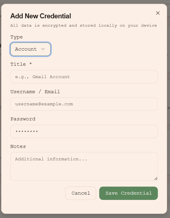 Add new credential form showing fields for type, title, username, password, and notes
